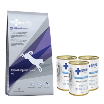 TROVET VPD hipoallergén szarvashús kutyáknak 10kg + ENZO VET hipoallergén diéta pulykával kutyáknak 3x400g
